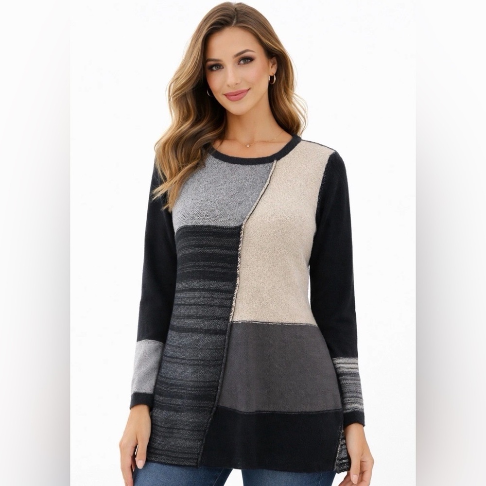Style&Co. Womens Tunic Sweater‎ Top XL  Colorblock Knit Black Gray Pullover